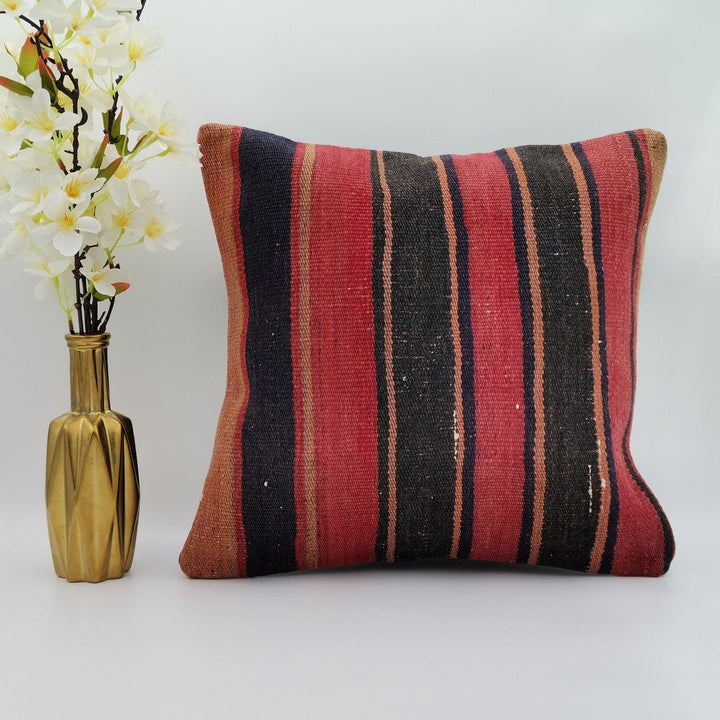 Turkish Kilim Pillow Cover|Red Black Striped Kelim Cushion Case|Anatolian Vintage Throw Pillow Top|Handwoven Rug Design Cushion Case 16x16