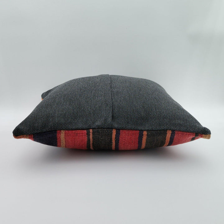 Turkish Kilim Pillow Cover|Red Black Striped Kelim Cushion Case|Anatolian Vintage Throw Pillow Top|Handwoven Rug Design Cushion Case 16x16