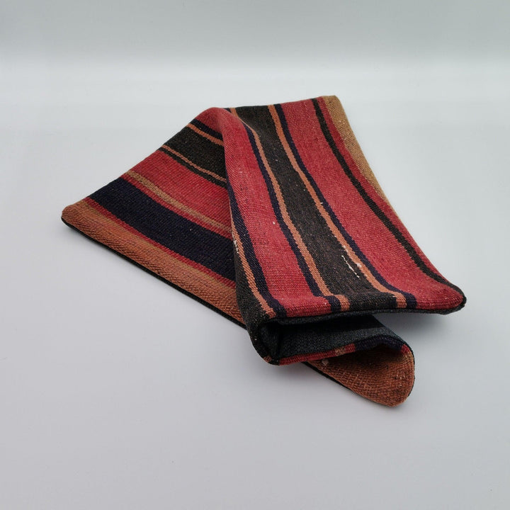 Turkish Kilim Pillow Cover|Red Black Striped Kelim Cushion Case|Anatolian Vintage Throw Pillow Top|Handwoven Rug Design Cushion Case 16x16