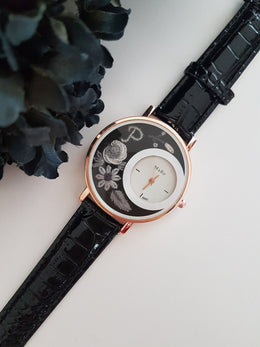 Embroidered Floral Women's Watch|Daisy and Rose Black Wrist Watch|Personalized Unique Gift for Her|Mothers Day Gift|Hand Stitched Embroidery