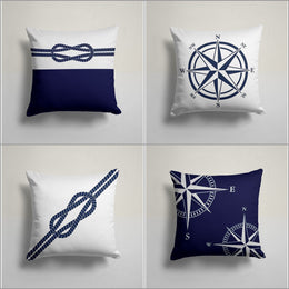 Nautical Pillow Case|Navy Compass and Knot Print Cushion Cover|Navy Marine Pillowcase|Beach House Decor|Blue White Coastal Throw Pillow Top