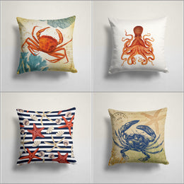 Beach House Pillow Case|Navy Marine Cushion Cover|Orange Beige Nautical Decor|Starfish Throw Pillow|Octopus Crab Home Decor|Porch Pillowcase