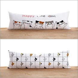 Long Lumbar Pillow Cover|Cats and Fishbone Bolster Cushion Case|Happy Time Print Oversized Lumbar Pillow Top|Cute Cat Long Bedding Decor