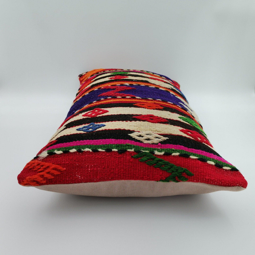 Turkish Kilim Pillow Cover|Farmhouse Vintage Kelim Cushion Case|Rustic Lumbar Pillow Top|Handwoven Anatolian Rug Design Cushion Case 12x24