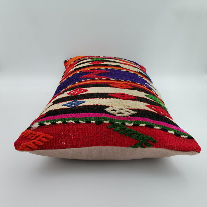 Turkish Kilim Pillow Cover|Farmhouse Vintage Kelim Cushion Case|Rustic Lumbar Pillow Top|Handwoven Anatolian Rug Design Cushion Case 12x24