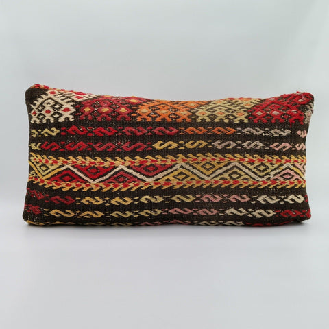 Vintage Kilim Pillow Cover|Turkish Kilim Cushion Case|Geometric Anatolian Lumbar Pillow Top|Boho Bedding Decor|Handwoven Rug Cushion 12x24