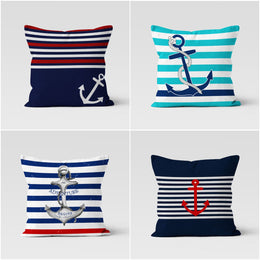 Nautical Pillow Case|Striped Anchor Cushion Cover|Navy Marine Pillowcase|Summer Trend Beach House Decor|Blue Red White Coastal Throw Pillow