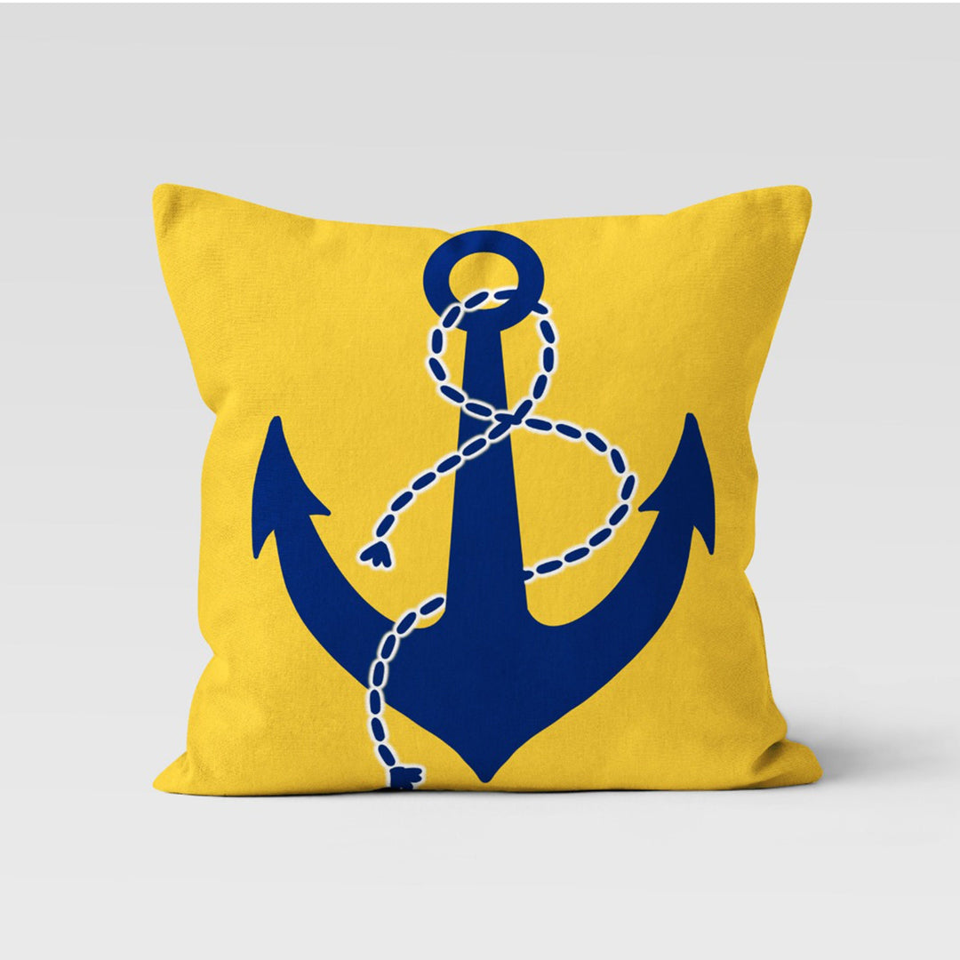 Anchor Cushion Cover|Decorative Nautical Pillow Case|Geometric Navy Marine Pillowcase|Beach House Decor|Blue and Yellow Coastal Throw Pillow
