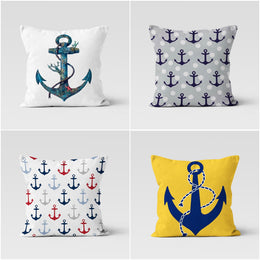 Anchor Cushion Cover|Decorative Nautical Pillow Case|Geometric Navy Marine Pillowcase|Beach House Decor|Blue and Yellow Coastal Throw Pillow