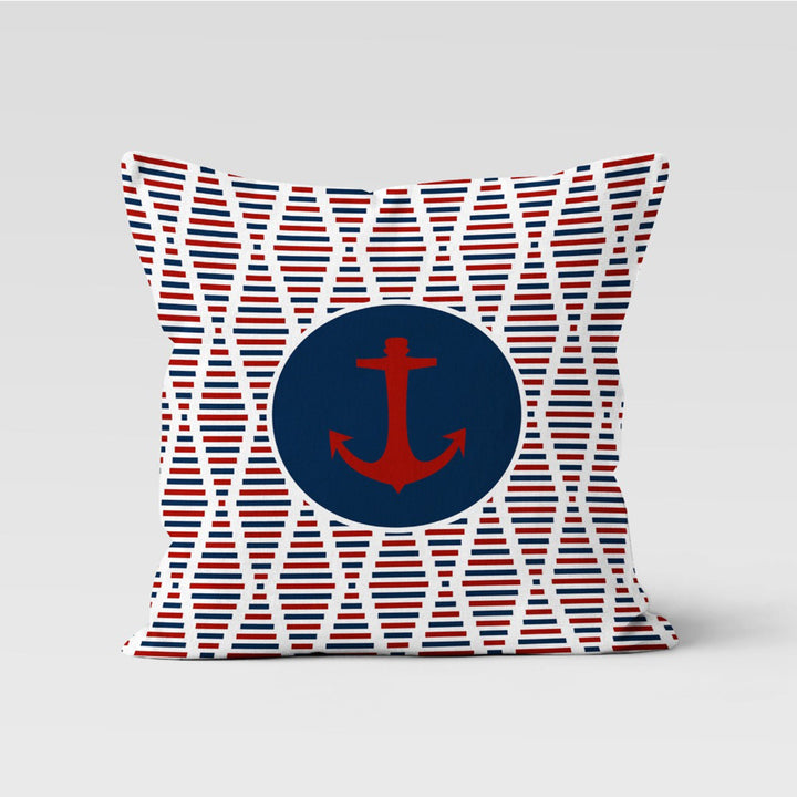 Nautical Pillow Case|Decorative Anchor Cushion Cover|Geometric Navy Marine Pillowcase|Beach House Decor|Blue and Red Coastal Throw Pillow