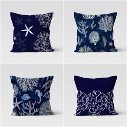 Coral Pillow Case|Navy Marine Cushion Cover|Blue White Nautical Decor|Starfish and Seahorse Throw Pillow|Beach House Decor|Porch Pillowcase