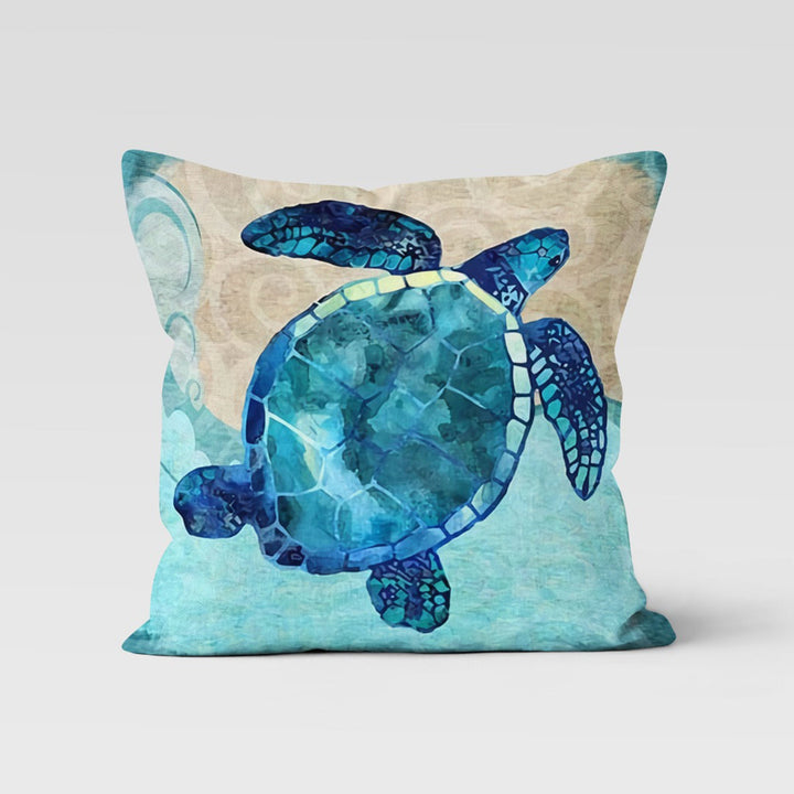 Sea Turtle Pillow Case|Navy Marine Cushion Cover|Beach House Nautical Decor|Sea Turtle Throw Pillow|Blue Turquoise Beige Porch Pillowcase