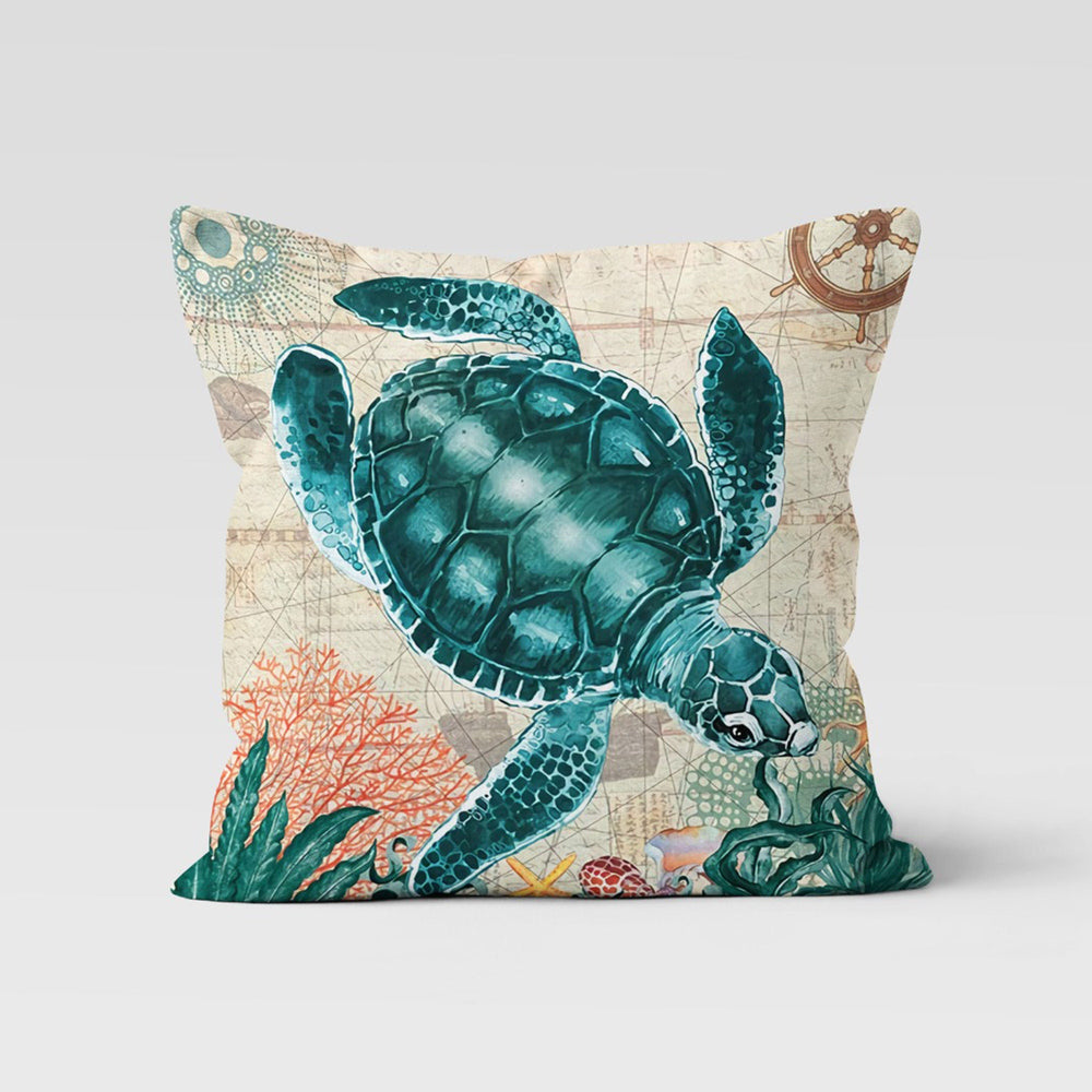 Sea Turtle Pillow Case|Navy Marine Cushion Cover|Beach House Nautical Decor|Sea Turtle Throw Pillow|Blue Turquoise Beige Porch Pillowcase