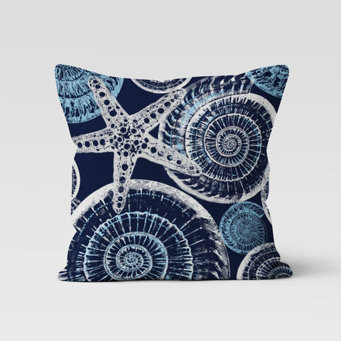Seashell Pillow Case|Starfish and Oyster Home Decor|Beach House Cushion|Navy Marine Cushion Cover|Blue White Nautical Decor|Coastal Pillow