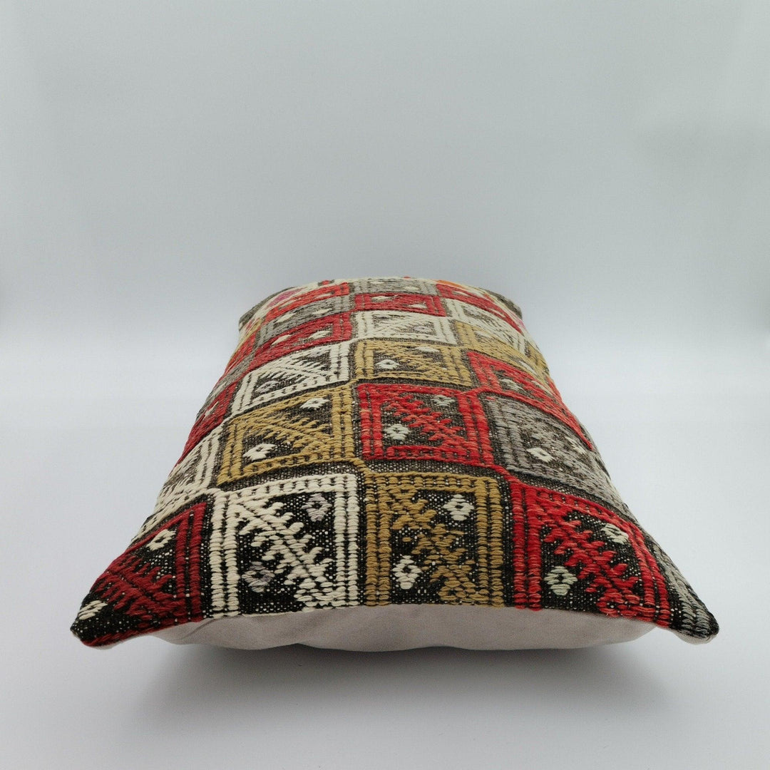 Turkish Kilim Pillow Cover|Checkered Kelim Cushion Case|Ottoman Rug Lumbar Pillow Top|Handwoven Anatolian Decor|Vintage Cushion Cover 12x24