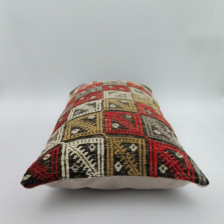 Turkish Kilim Pillow Cover|Checkered Kelim Cushion Case|Ottoman Rug Lumbar Pillow Top|Handwoven Anatolian Decor|Vintage Cushion Cover 12x24