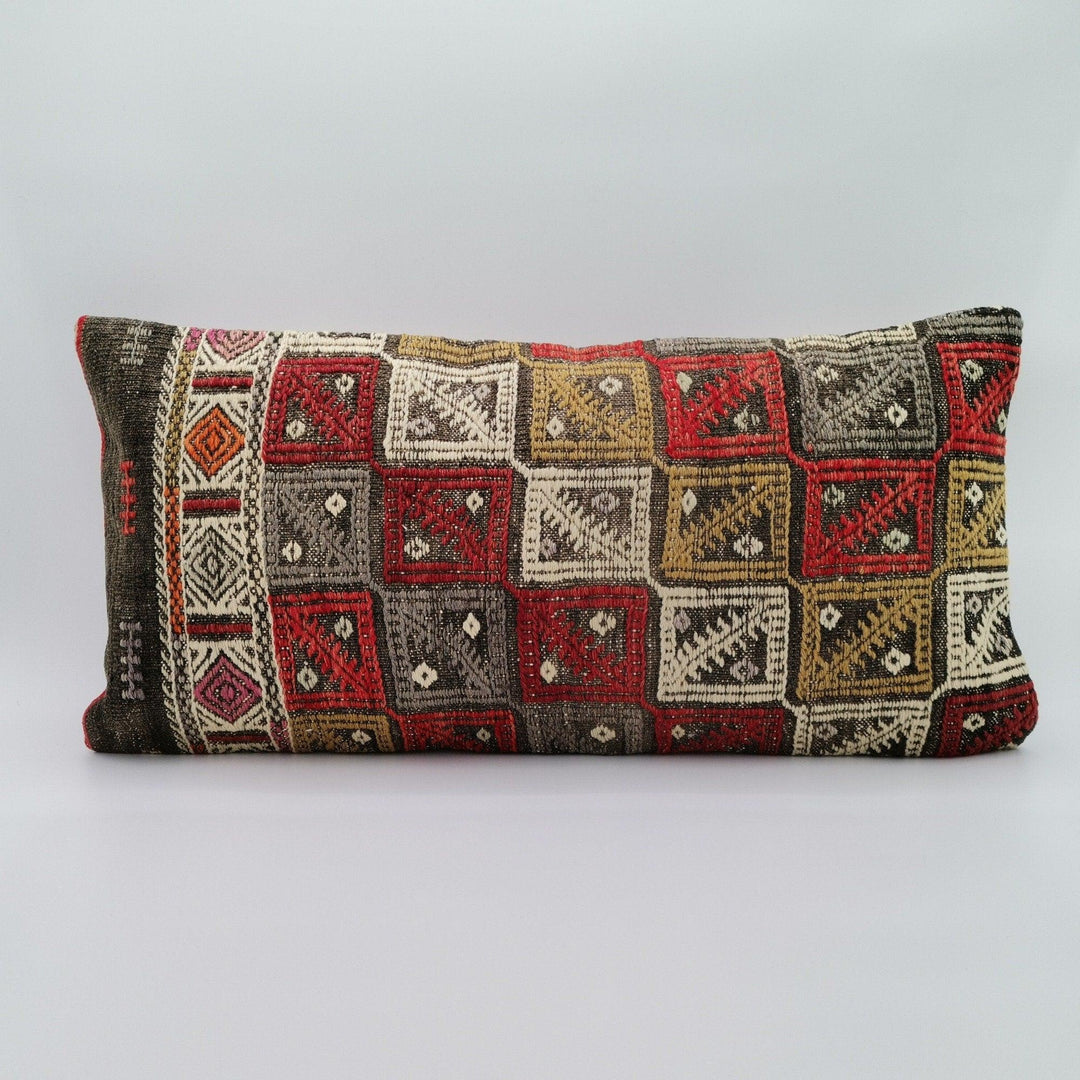 Turkish Kilim Pillow Cover|Checkered Kelim Cushion Case|Ottoman Rug Lumbar Pillow Top|Handwoven Anatolian Decor|Vintage Cushion Cover 12x24