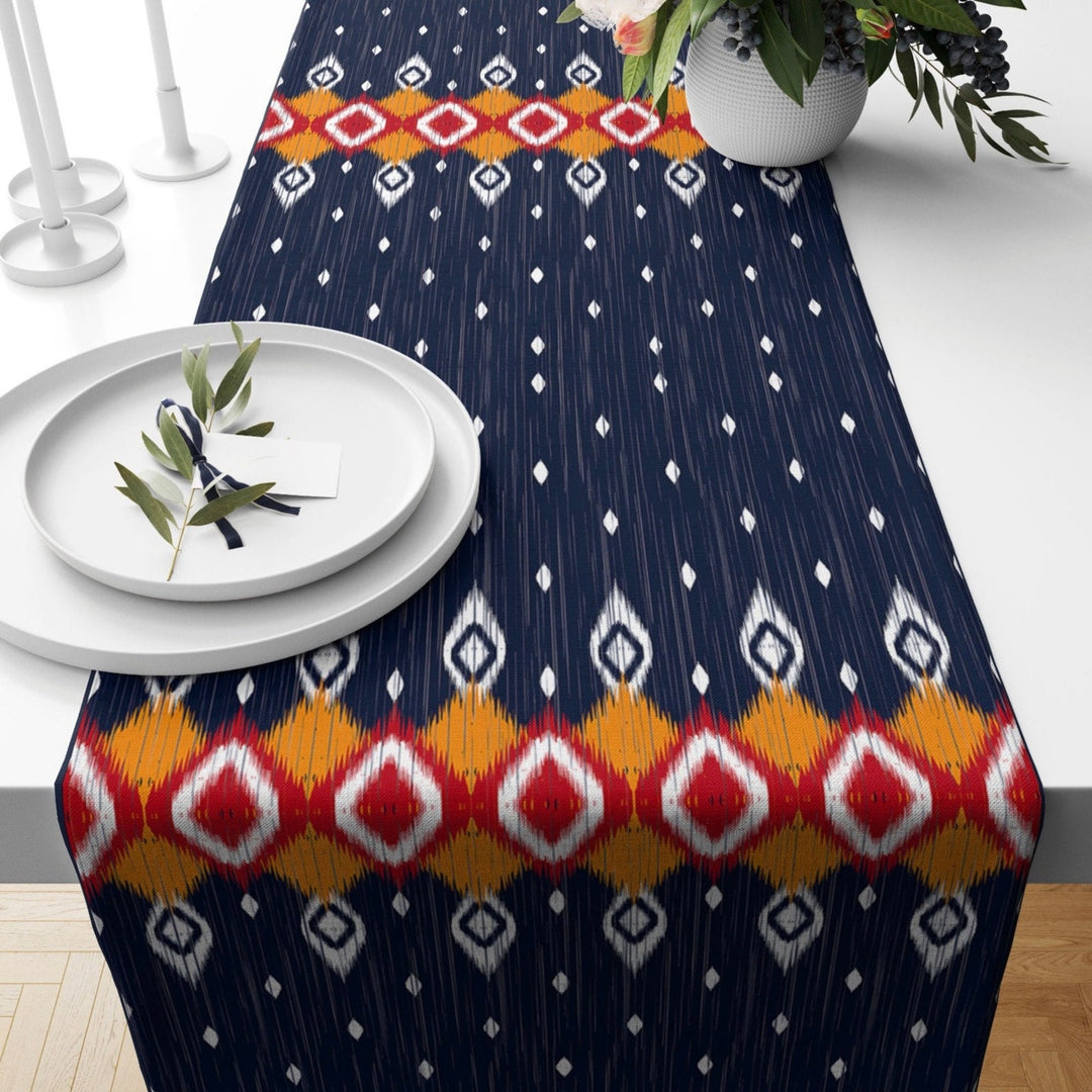 Rug Design Table Runner|Southwestern Table Top|Aztec Print Home Decor|Turkish Kilim Tabletop|Ikat Design Runner|Farmhouse Style Tablecloth