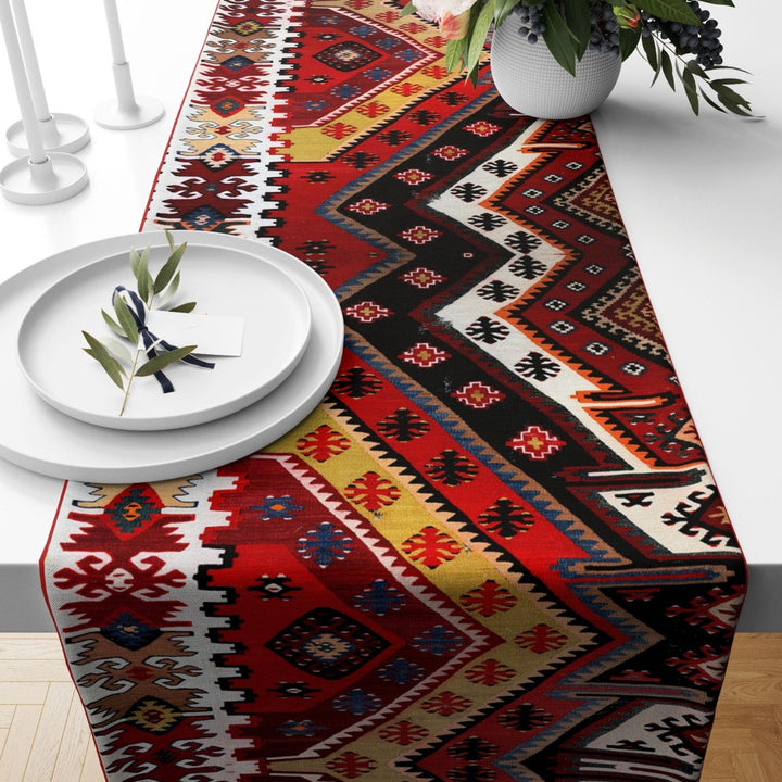 Rug Design Table Runner|Southwestern Table Top|Aztec Print Home Decor|Turkish Kilim Tabletop|Ikat Design Runner|Farmhouse Style Tablecloth