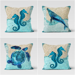 Beach House Pillow Case|Turquoise Beige Nautical Home Decor|Seahorse Pillowcase|Whale and Sea Turtle Cushion Cover|Coastal Throw Pillow Top