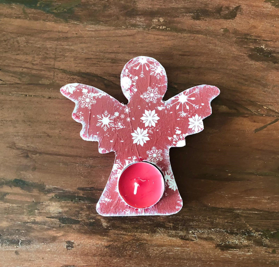 Set of 2 Wooden Candle Holder|Hand Painted Decor|Red Green Candle Holder Set|Angel Shaped Decor|Housewarming Gift For Women|Mothers Day Gift