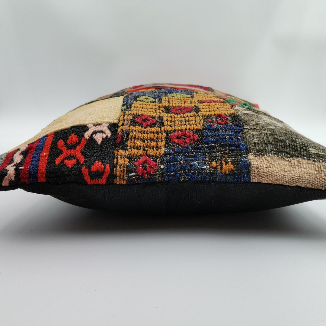 Vintage Kilim Pillow Cover|Ottoman Kilim Decor|Antique Farmhouse Lumbar Pillow Top|Boho Bedding Decor|Handwoven Patchwork Rug Cushion 16x24