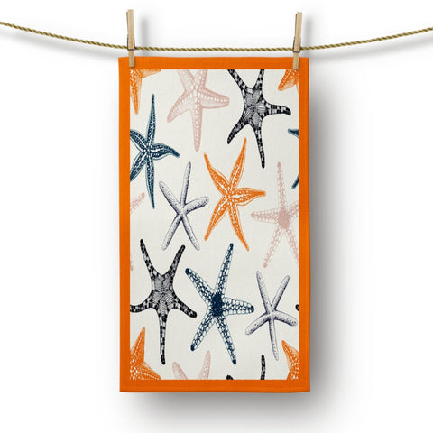 Nautical Hand Towel|Starfish, Oyster and Seashell Print Dish Towel|Coastal Tea Towel|Housewarming Summer Trend Towel|Towel for Restaurant
