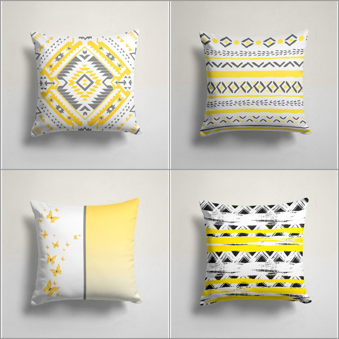 Abstract Yellow Gray Pillow Cover|Butterfly Love Pillow Top|Housewarming Geometric Cushion Case|Boho Bedding Home Decor|Yellow Gray Decor