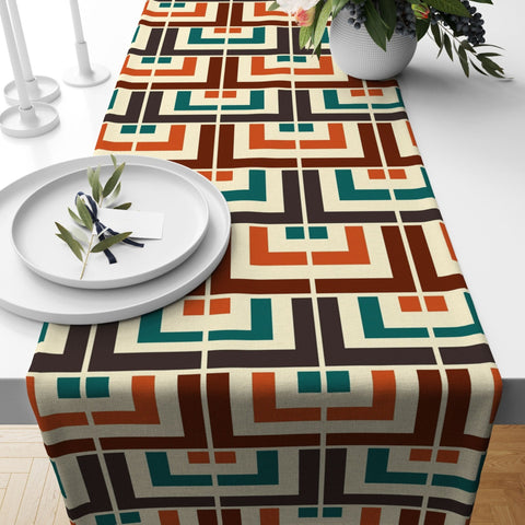 Mid Century Table Runner|Abstract Geometric Tablecloth|Green Orange Blue Retro Home Decor|Farmhouse Authentic Tablecloth|Modern Table Runner