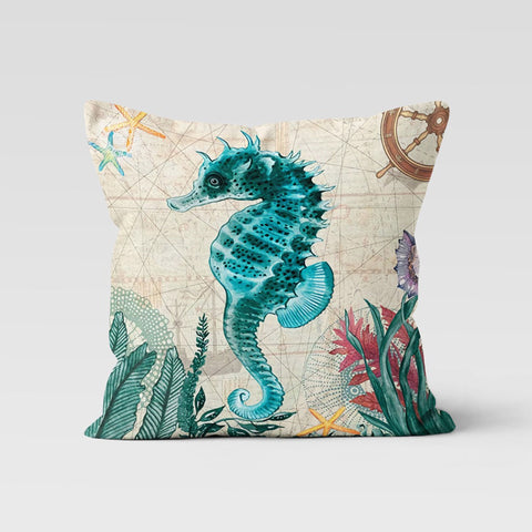 Beach House Pillow Case|Turquoise Beige Seahorse and Sea Turtle Pillowcase|Octopus and Whale Print Cushion Cover|Coastal Throw Pillow Top