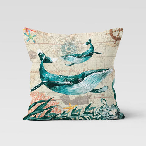 Beach House Pillow Case|Turquoise Beige Seahorse and Sea Turtle Pillowcase|Octopus and Whale Print Cushion Cover|Coastal Throw Pillow Top