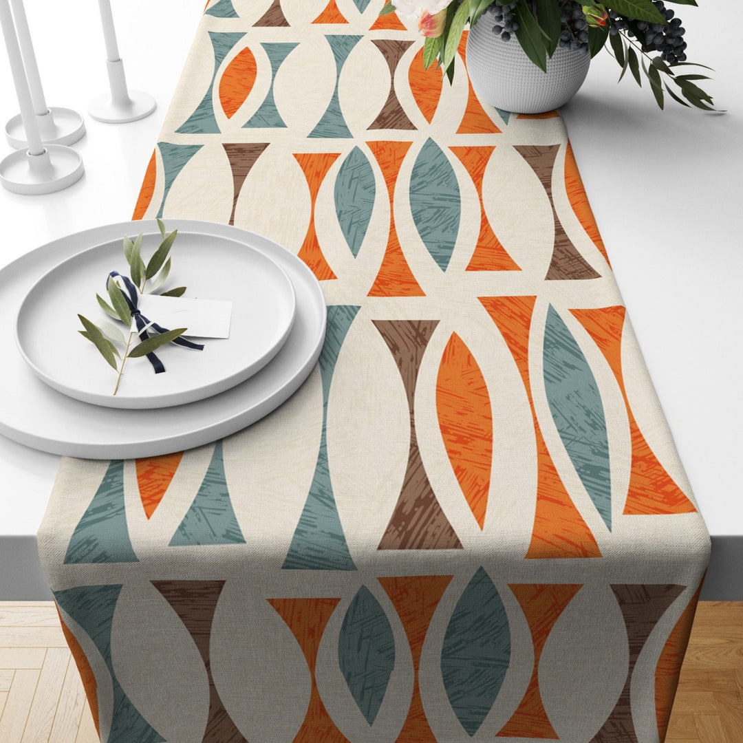 Mid Century Table Runner|Abstract Geometric Tablecloth|Beige Orange Blue Modern Home Decor|60's 70's Farmhouse Kitchen Retro Table Runner