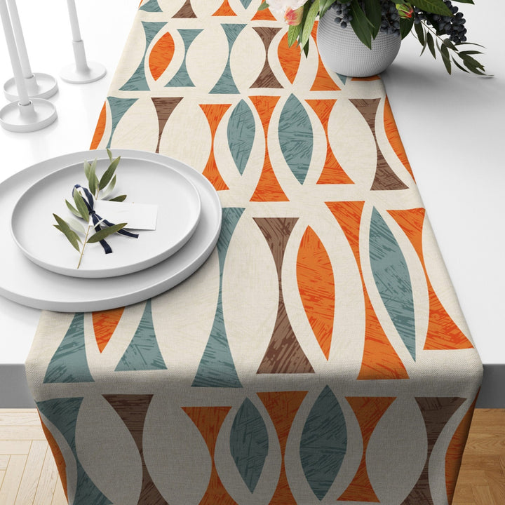 Mid Century Table Runner|Abstract Geometric Tablecloth|Beige Orange Blue Modern Home Decor|60's 70's Farmhouse Kitchen Retro Table Runner