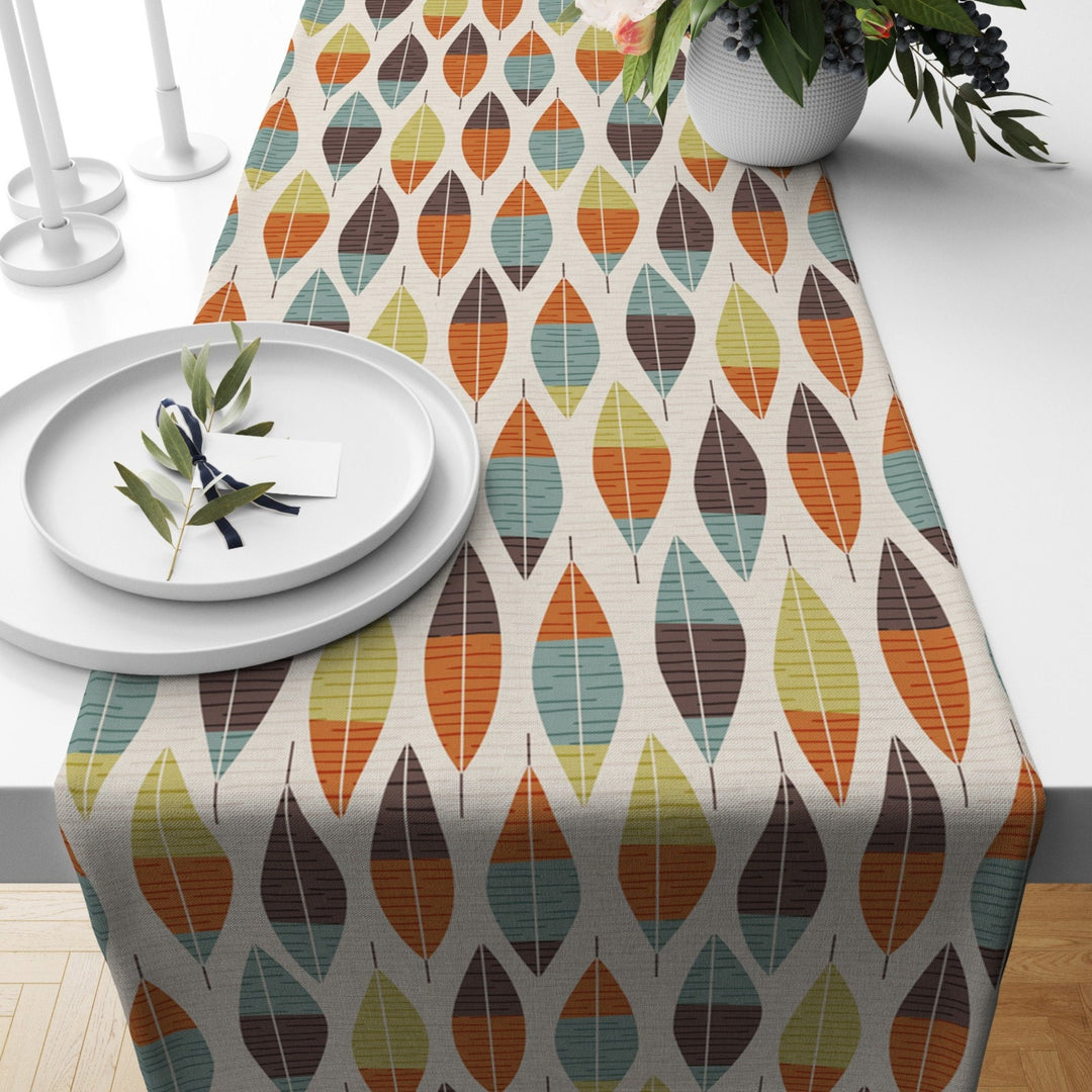 Mid Century Table Runner|Abstract Geometric Tablecloth|Beige Orange Blue Modern Home Decor|60's 70's Farmhouse Kitchen Retro Table Runner