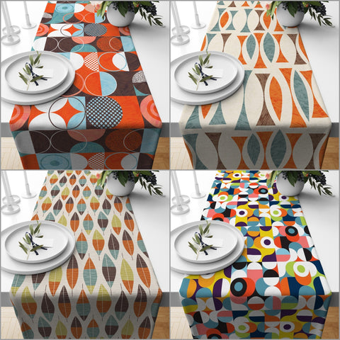 Mid Century Table Runner|Abstract Geometric Tablecloth|Beige Orange Blue Modern Home Decor|60&
