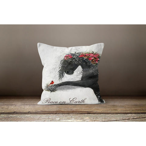 Horse Pillow Cover|Floral Horse and Red Bird Cushion Case|Decorative Peace on Earth Pillowtop|Animal Print Home Decor|Farmhouse Style Gift