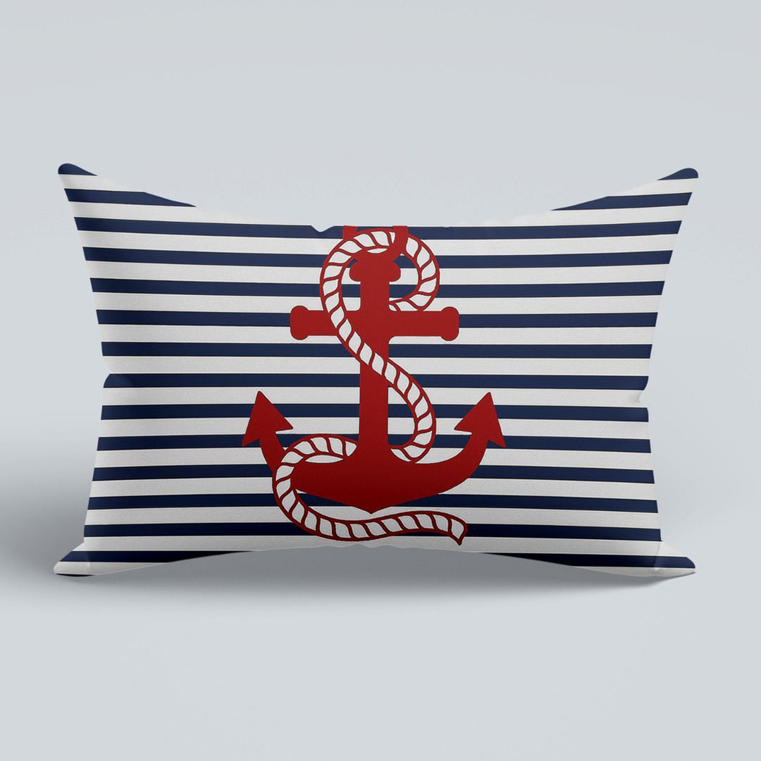 Nautical Pillow Case|Navy Anchor and Wheel Pillow Cover|Decorative Sailor Tie Cushion|Rectangle Beach House Decor|Striped Coastal Cushion