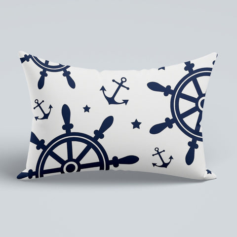 Nautical Pillow Case|Navy Anchor and Wheel Pillow Cover|Decorative Yacht Cushion Case|Rectangle Beach House Decor|Striped Coastal Cushion