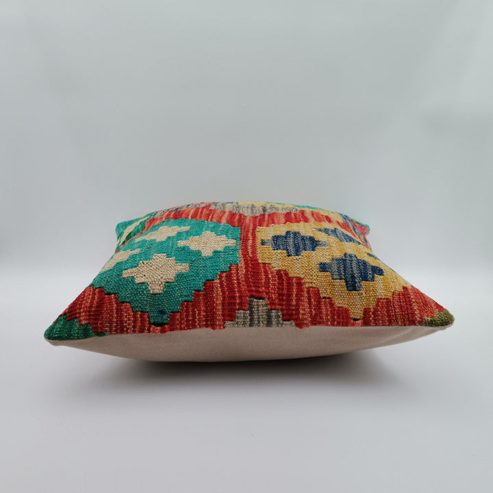 Turkish Kilim Pillow Cover|Ethnic Ottoman Throw Pillow Top|Vintage Rug Cushion Case|Handwoven Antique Cushion Cover|Boho Bedding Decor 16x16