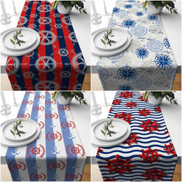 Nautical Table Runner|Striped Wheel and Compass Tabletop|Navy Anchor Tablecloth|Navy Marine Table Centerpiece|Decorative Beach House Runner