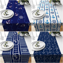 Nautical Table Runner|Blue White Wheel and Anchor Tabletop|Sailor Tie Tablecloth|Navy Marine Table Centerpiece|Decorative Beach House Runner