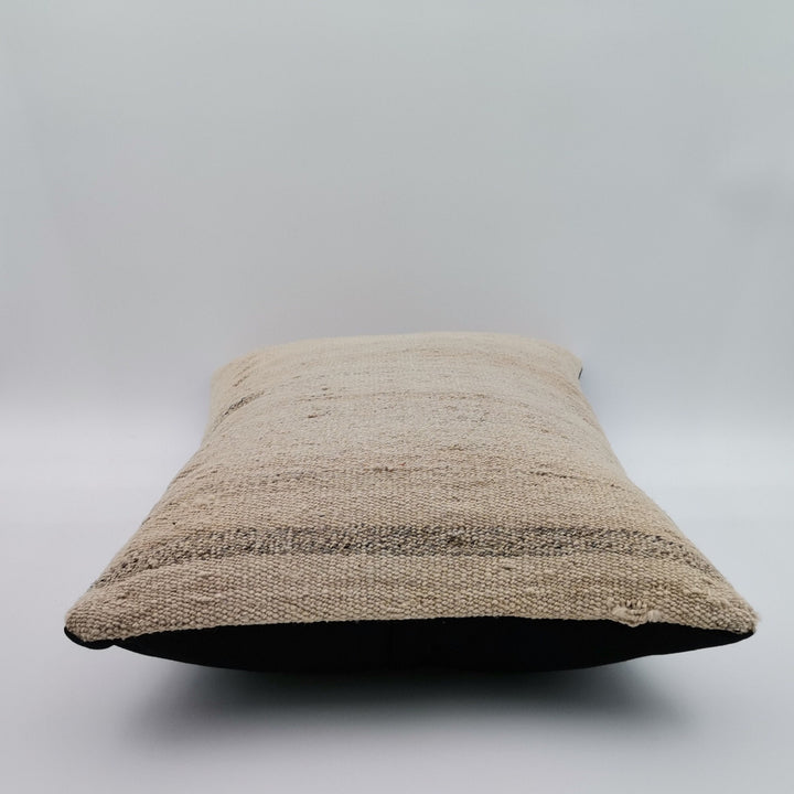 Hemp Pillow Cover|Beige Turkish Kelim Cushion Case|Soft Rug Lumbar Pillow Top|Handwoven Anatolian Home Decor|Vintage Cushion Cover 12x20