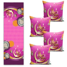 Set of 4 Islamic Pillow Covers and 1 Table Runner|Mystic Design Ramadan Kareem Home Decor|Religious Motif Print Tablecloth and Cushion Case