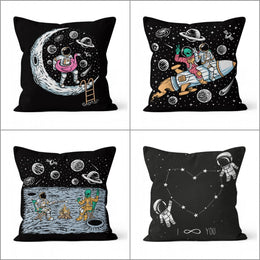 Astronaut Pillow Cover|Black White Space Cushion Case|Galaxy Print Home Decor|Decorative Spaceman Pillowcase|Alien and Planet Kid Cushion