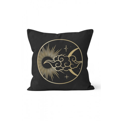 Moon Pillow Cover|Moon Dream Cushion Case|Black Gold Planet Home Decor|Decorative Space Pillowcase|Sun and Phases of the Moon Cushion Cover