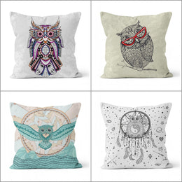 Owl Pillow Top|Animal Print Cushion Case|Yin Yang and Vectorial Owl Pillow Cover|Decorative Bird Print Cushion Cover|Boho Bedding Decor