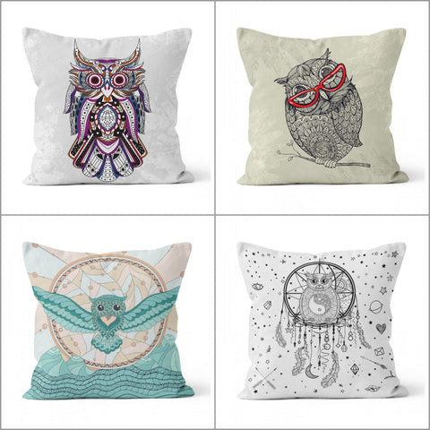 Owl Pillow Top|Animal Print Cushion Case|Yin Yang and Vectorial Owl Pillow Cover|Decorative Bird Print Cushion Cover|Boho Bedding Decor