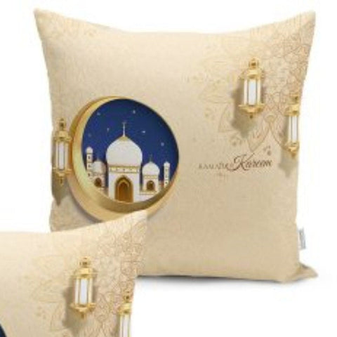 Set of 4 Islamic Pillow Covers and 1 Table Runner|Ramadan Kareem Home Decor|Mosque in Crescent Print Tablecloth and Cushion|Gift for Muslims