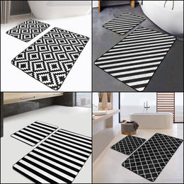 Set of 2 Geometric Bath Mat|Non-Slip Bathroom Decor|Black White Bath Rug|Striped Kitchen Floor Mat|Absorbent Shower and Home Entrance Carpet