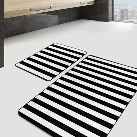 Set of 2 Geometric Bath Mat|Non-Slip Bathroom Decor|Black White Bath Rug|Striped Kitchen Floor Mat|Absorbent Shower and Home Entrance Carpet
